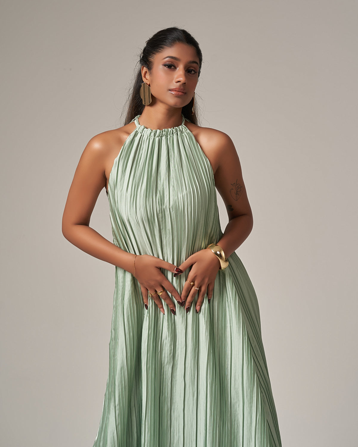 Summer Casual Vacation Halter Neck Pleated Dress – Mint