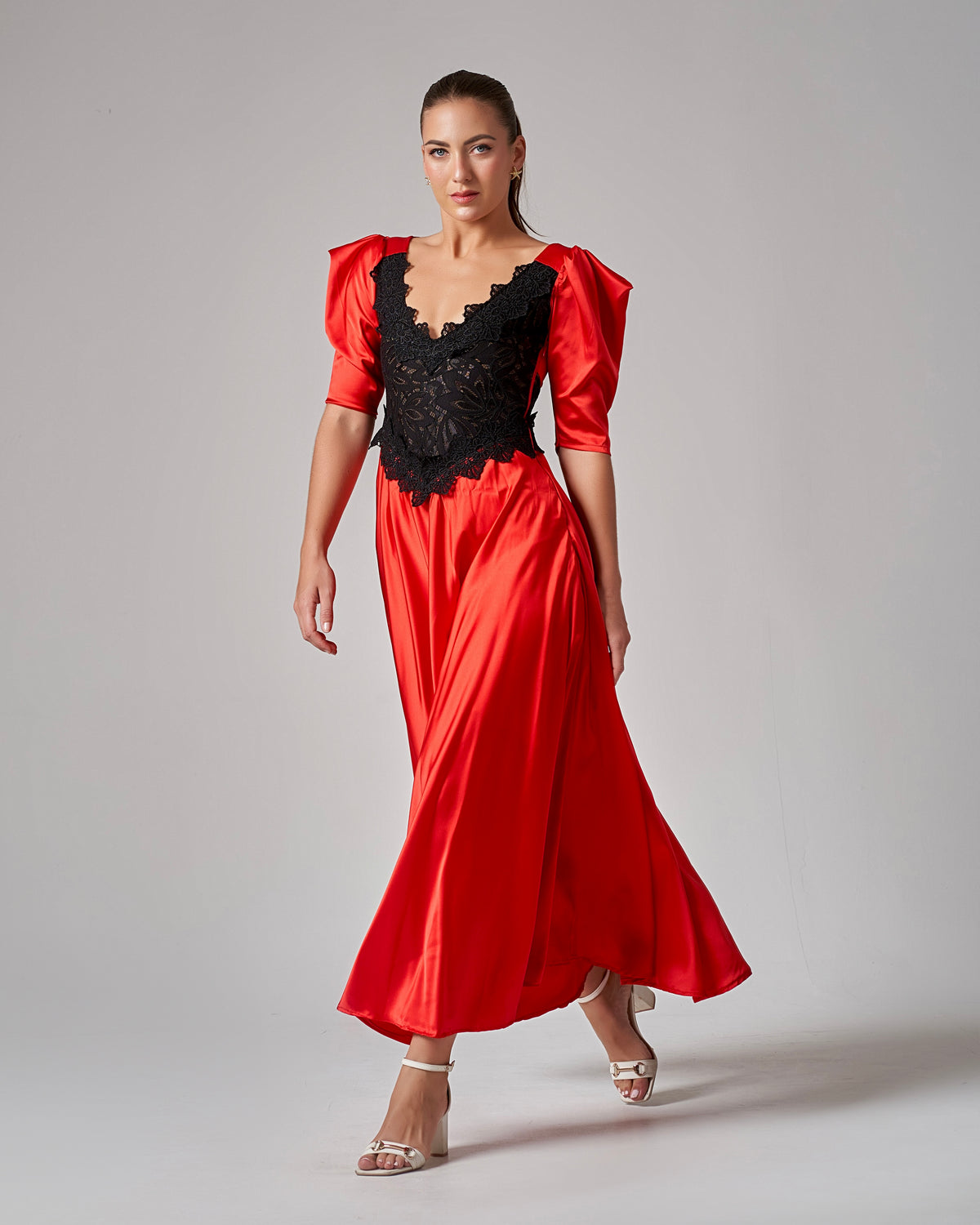 Lace - Trimmed Puff Sleeve Silk Maxi Dress - Red