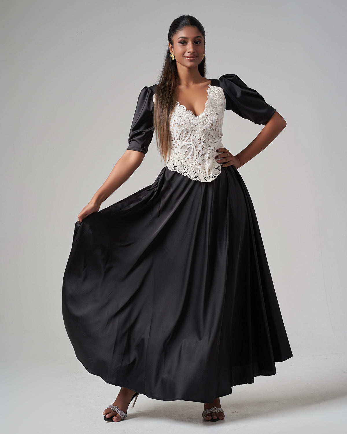 Lace - Trimmed Puff Sleeve Silk Maxi Dress - Black