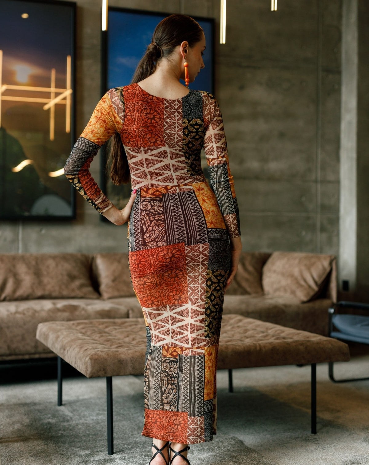 Brown Printed Long Sleeve DressBrown Printed Long Sleeve Dress