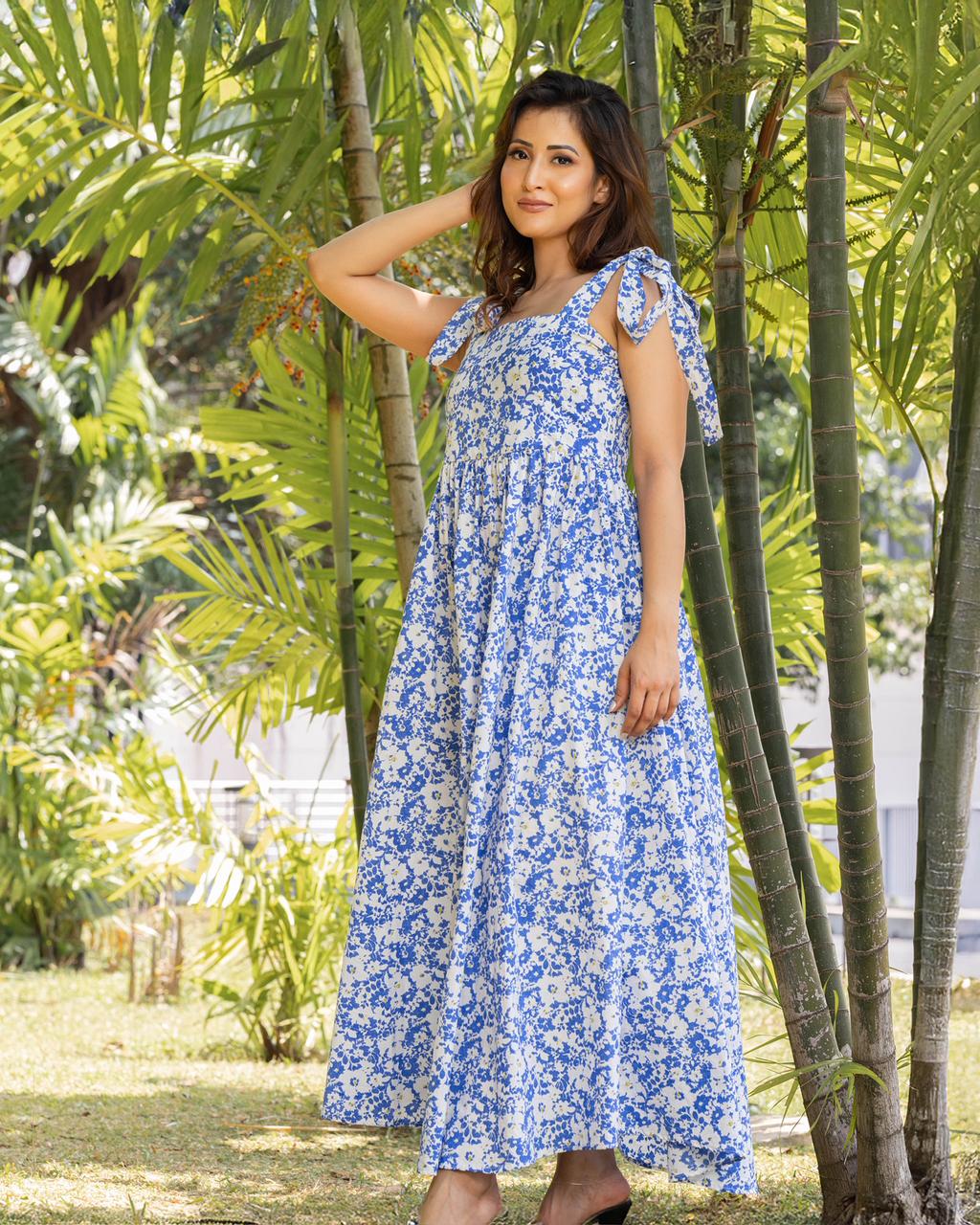 Light Blue Floral Tie Strap Midi Dress