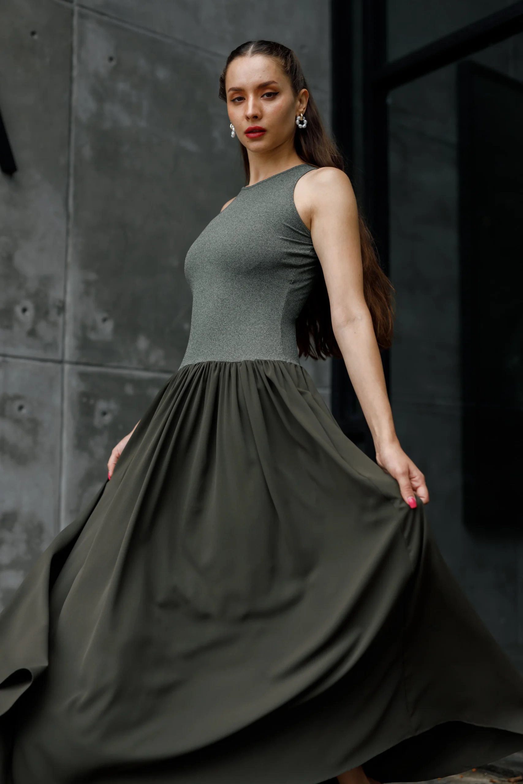 GREEN RIB LONG DRESS
