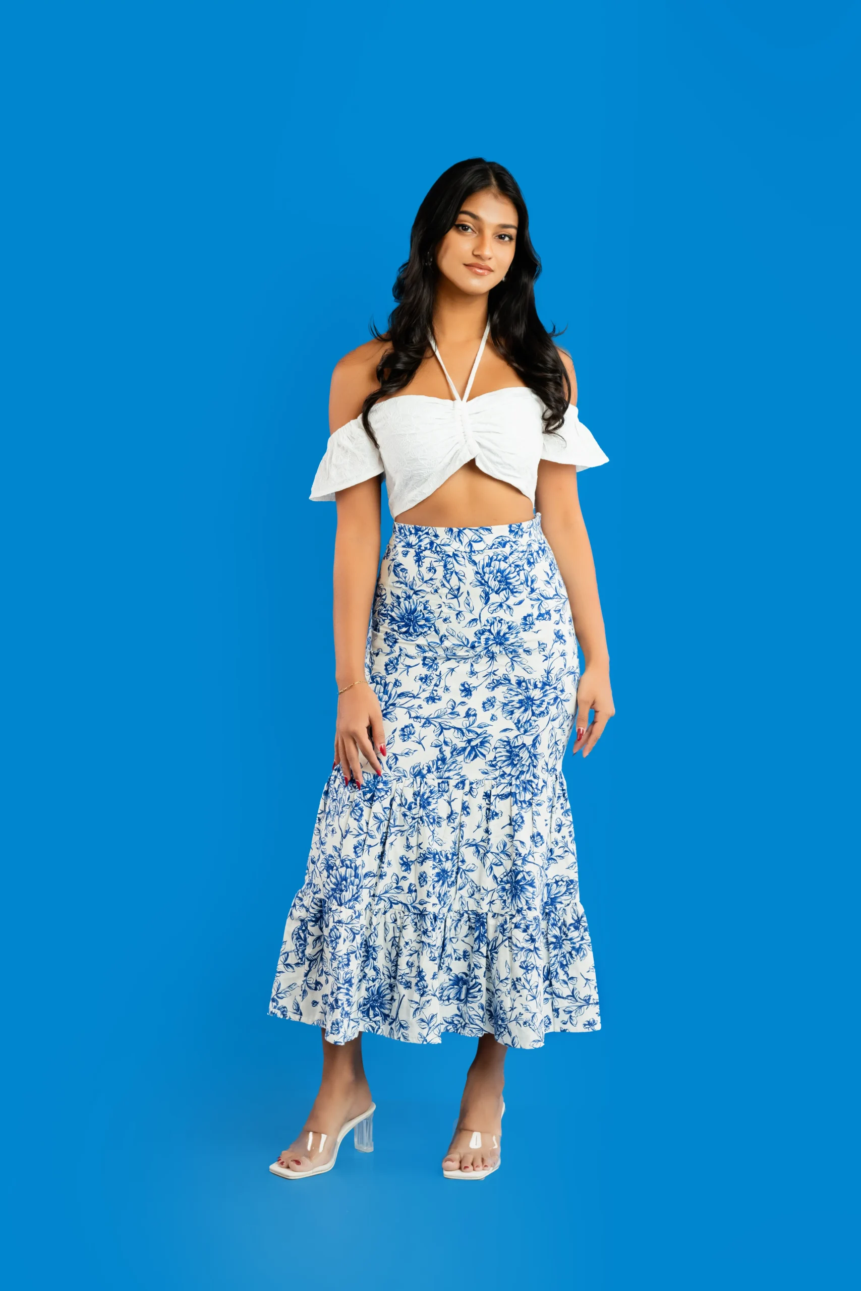 BLUE FLORAL PRINTED MERMAID SKIRT