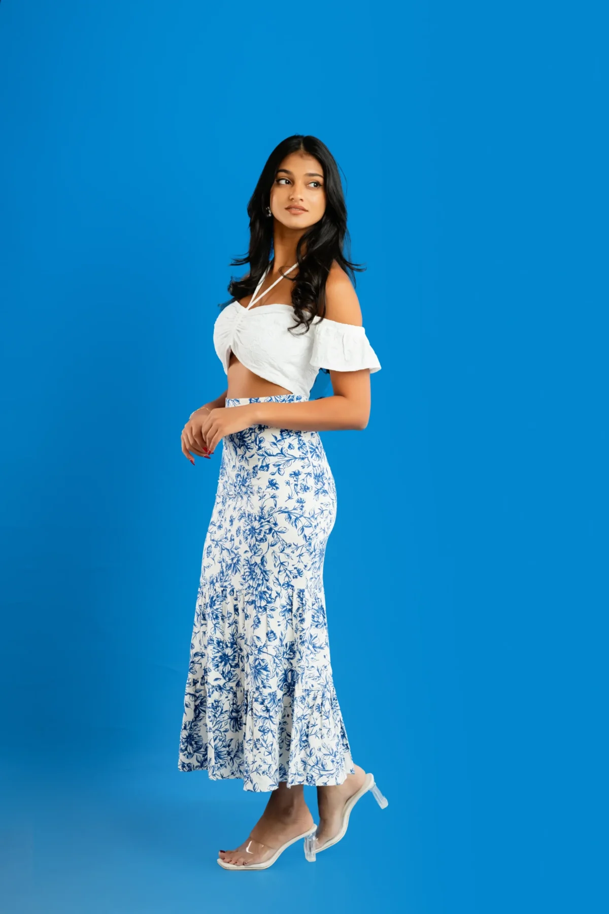 BLUE FLORAL PRINTED MERMAID SKIRT - Image 2