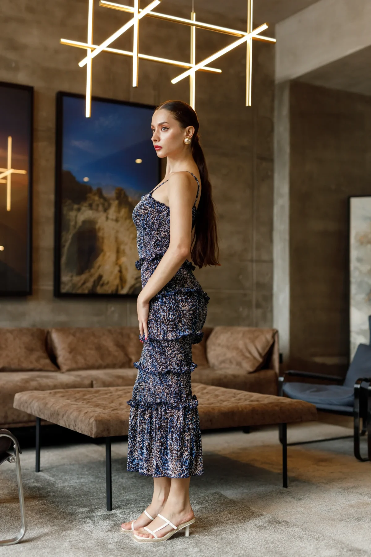 BLUE PRINTED SMOKE FRILLED TIGHT DRESS - Image 3