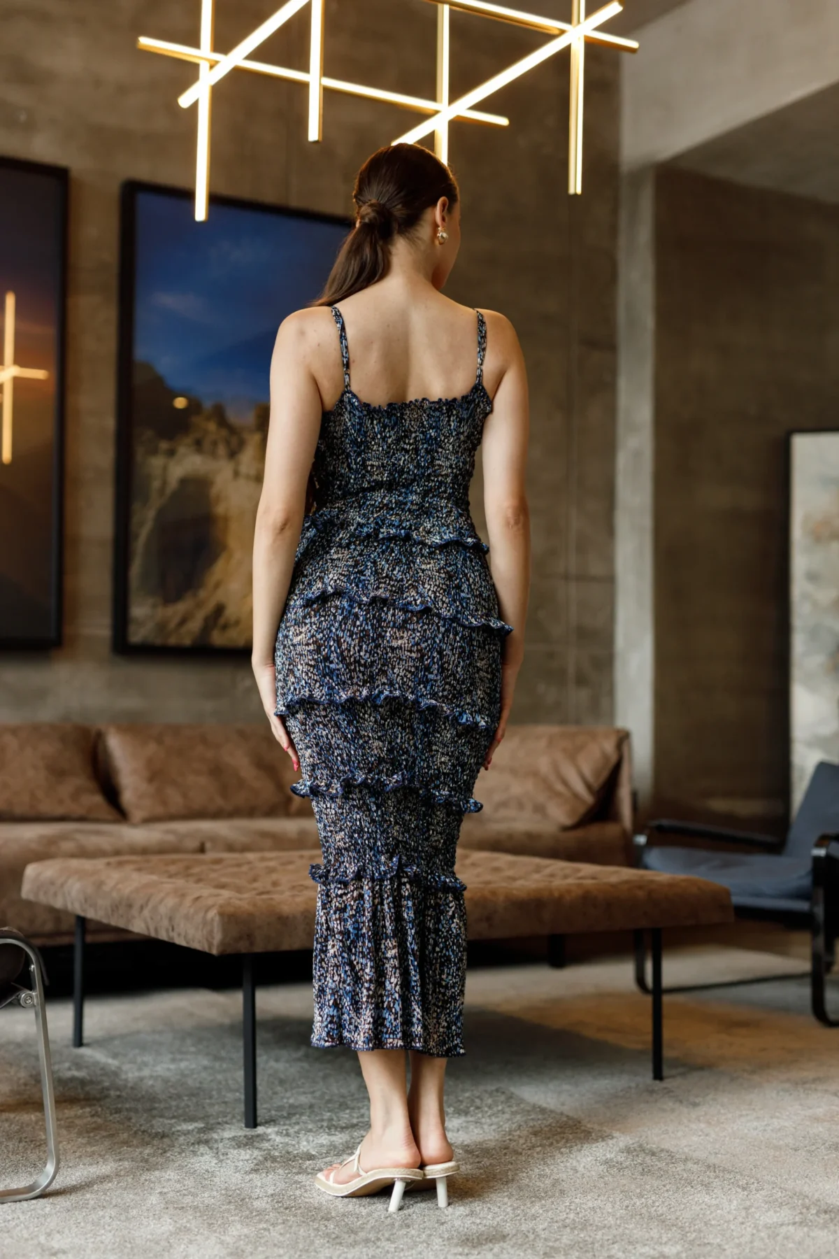 BLUE PRINTED SMOKE FRILLED TIGHT DRESS - Image 2
