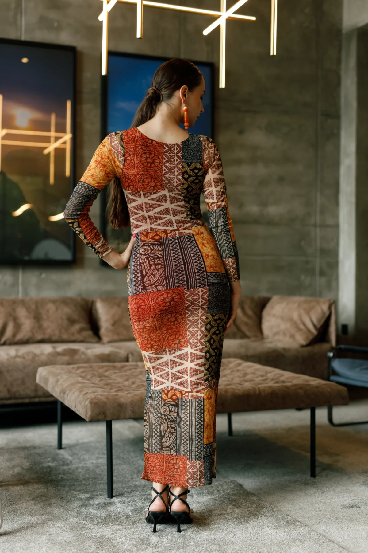 Brown Printed Long Sleeve Dress - Image 2
