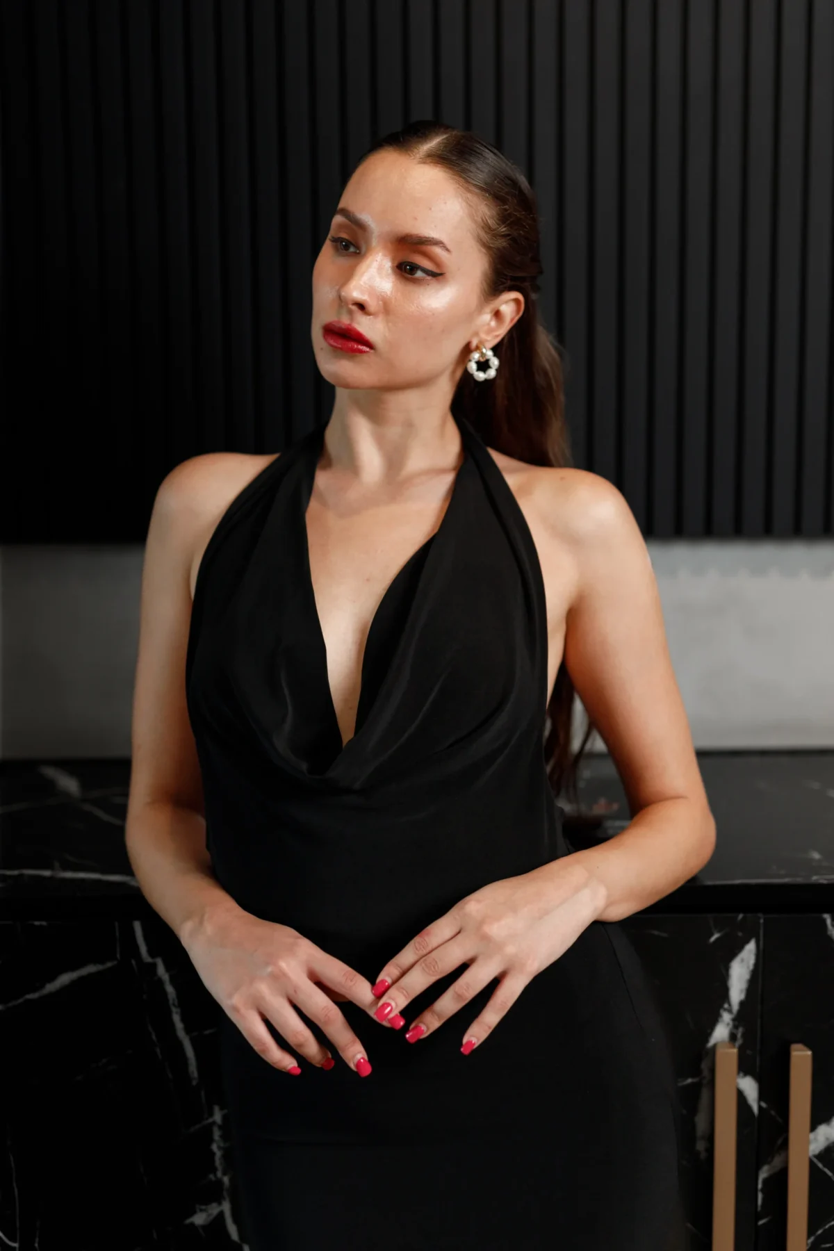 COWL NECK BLACK BACKLESS BODYCON DRESS