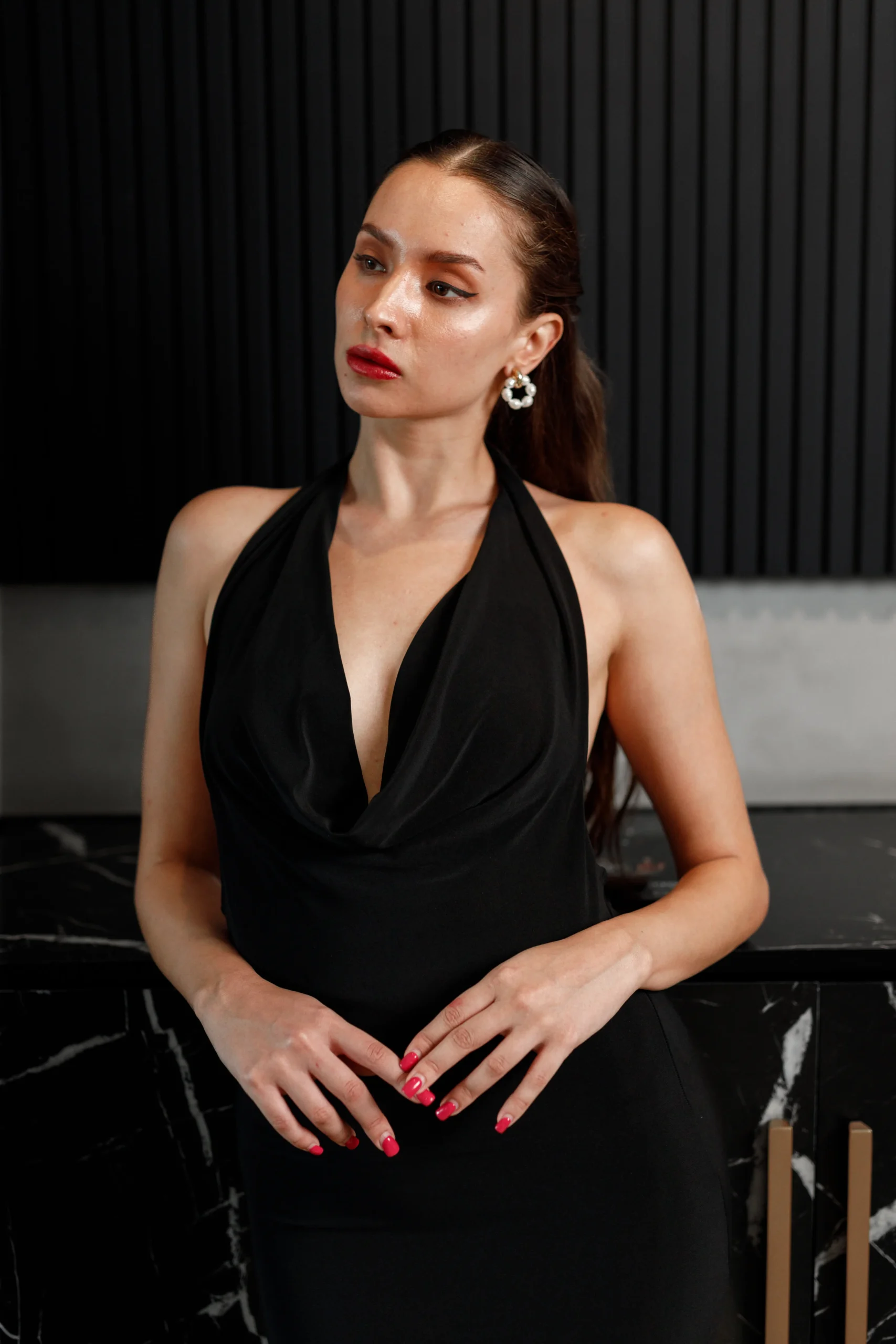 COWL NECK BLACK BACKLESS BODYCON DRESS