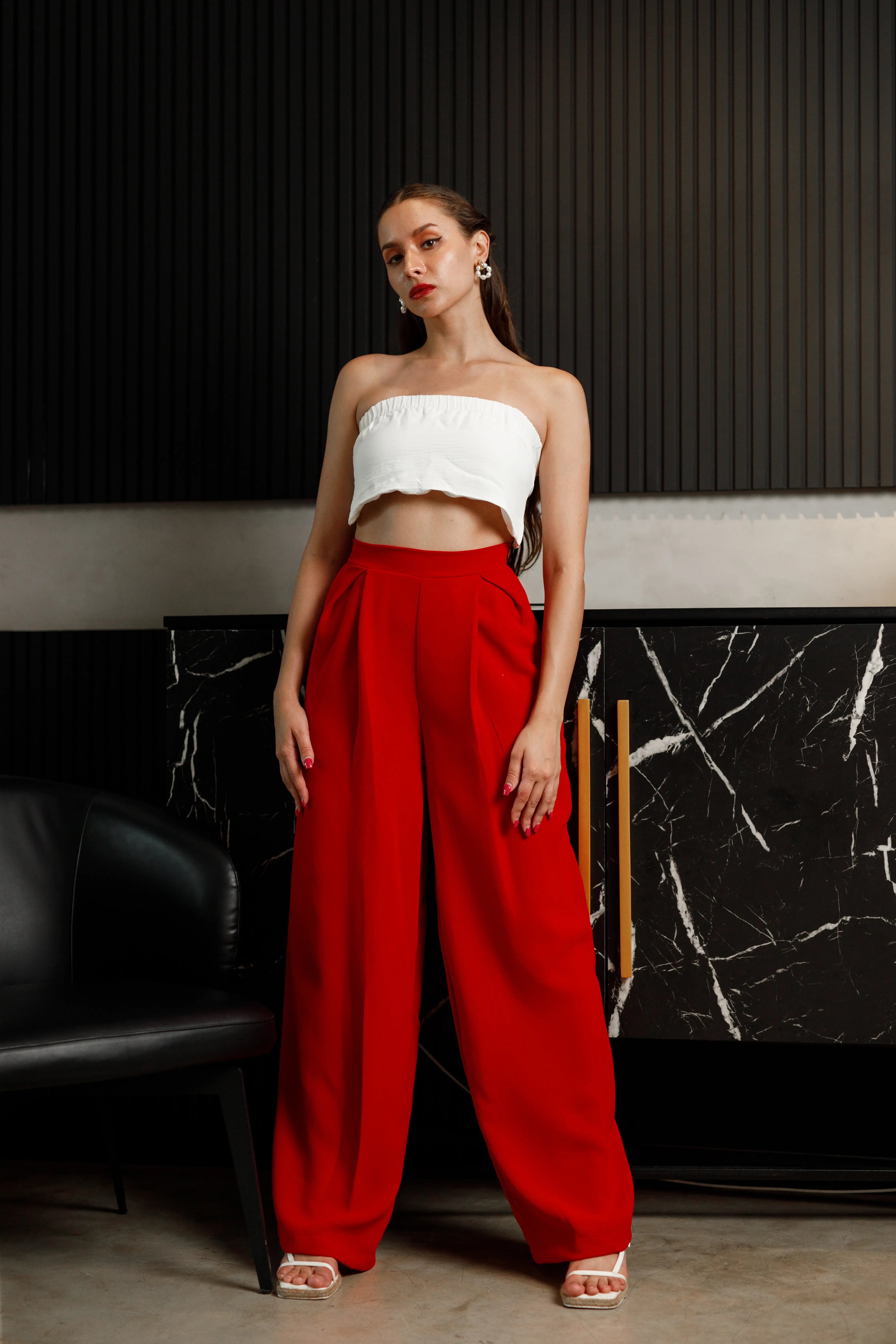 Red Waist Band Frill Pant