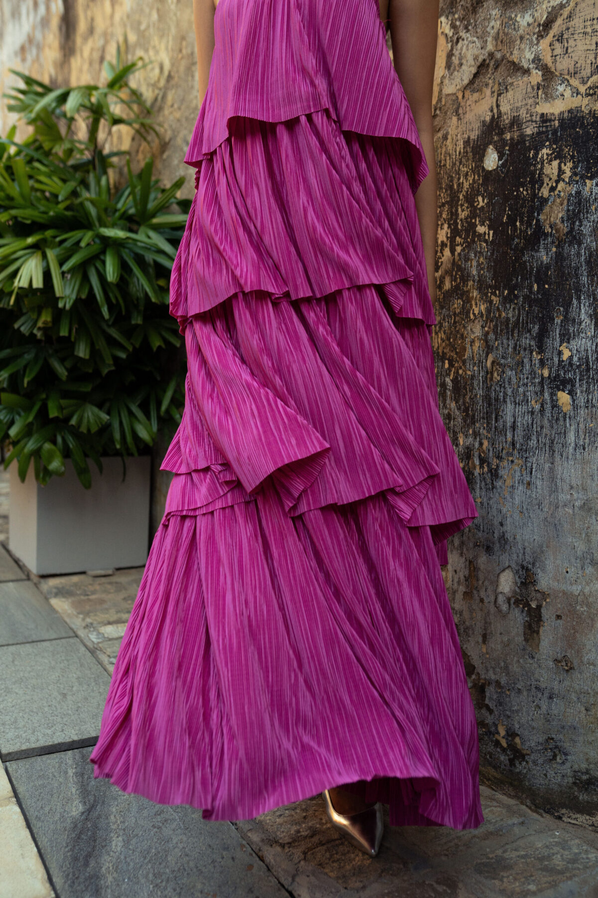 Halter Neck Strap Tiered Ruffle Pink Maxi Dress - Image 5
