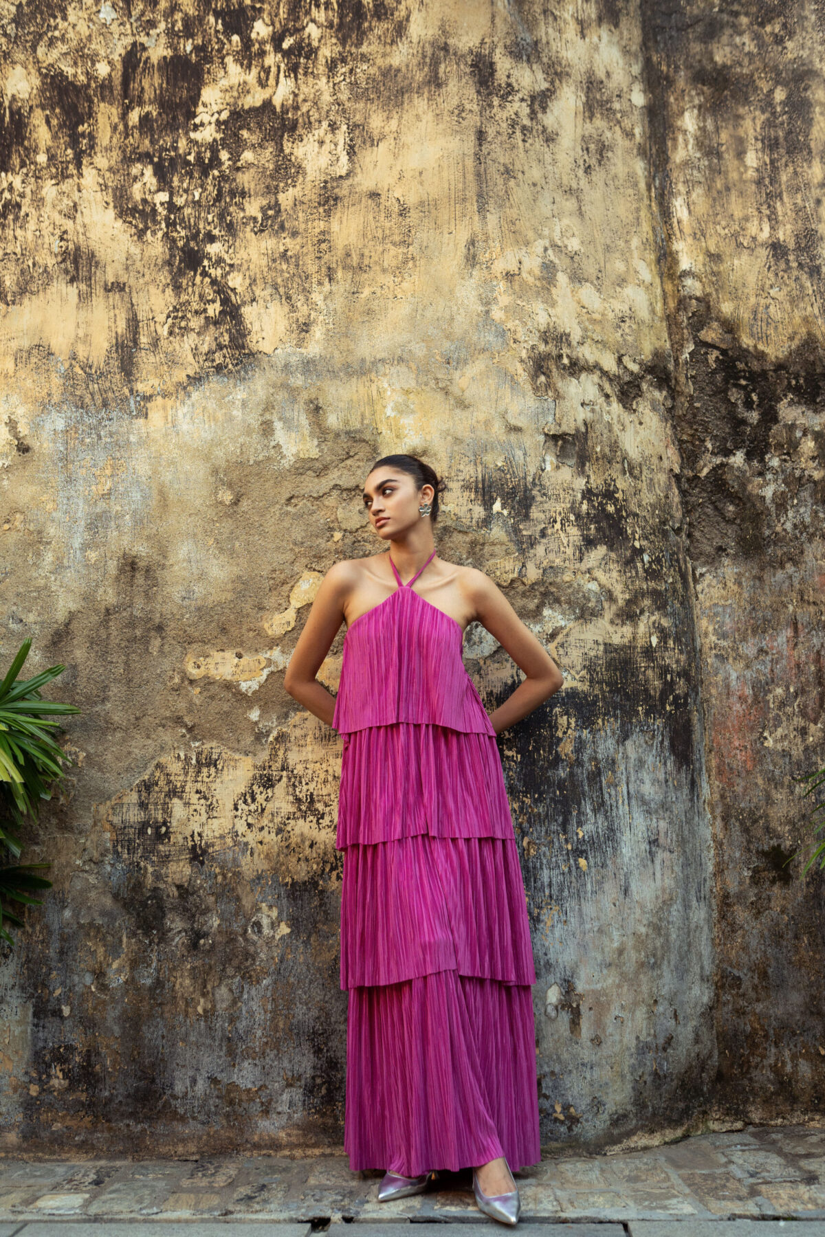Halter Neck Strap Tiered Ruffle Pink Maxi Dress - Image 4