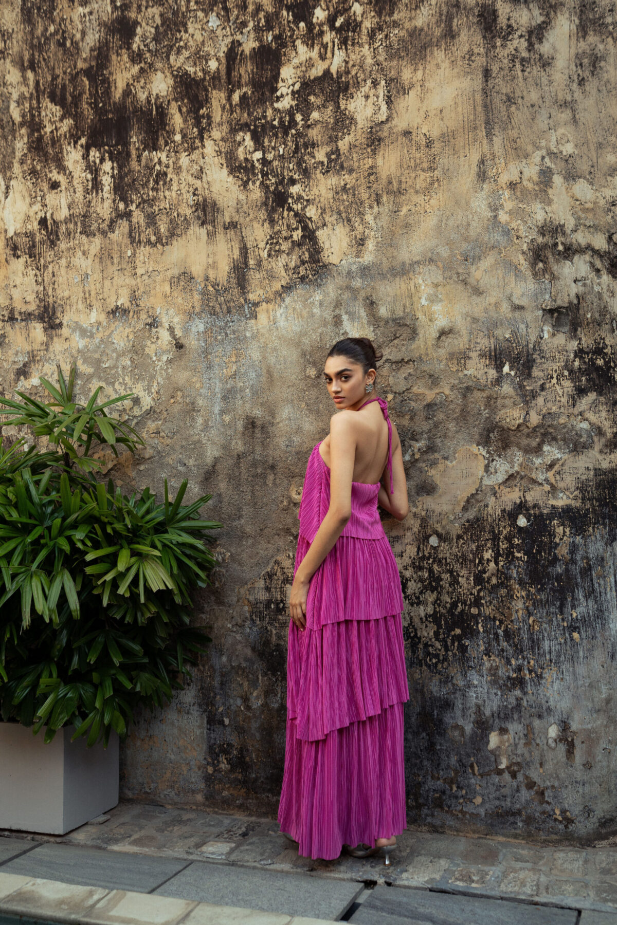 Halter Neck Strap Tiered Ruffle Pink Maxi Dress - Image 2
