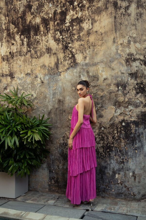 Halter Neck Strap Tiered Ruffle Pink Maxi Dress