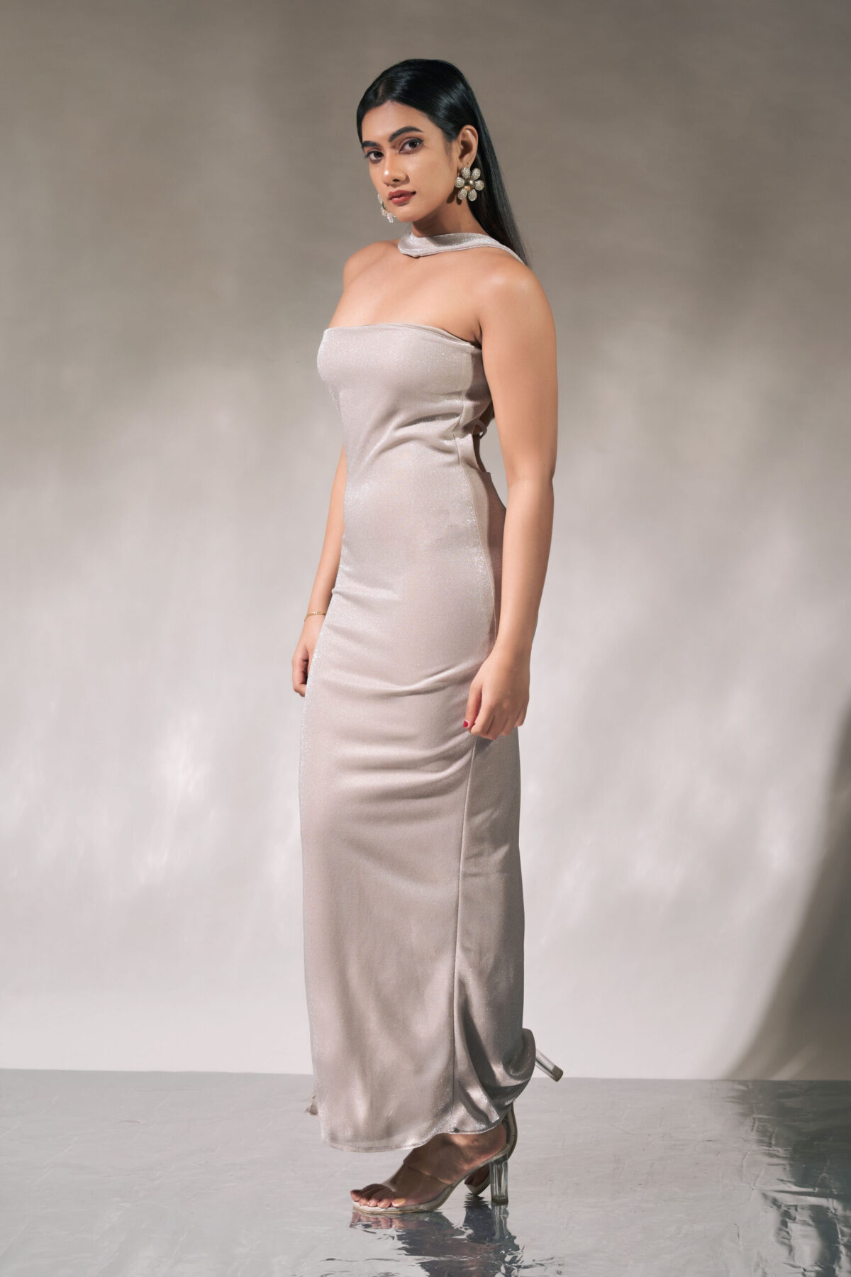 Dusty Cream Color neck Strap Slide Slit Dress - Image 3