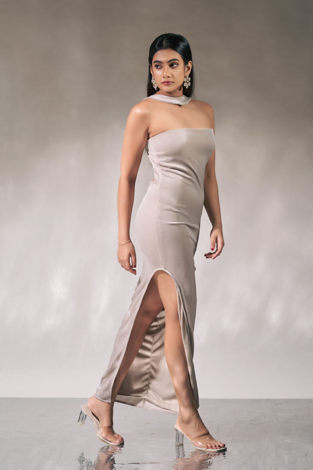 Dusty Cream Color neck Strap Slide Slit Dress