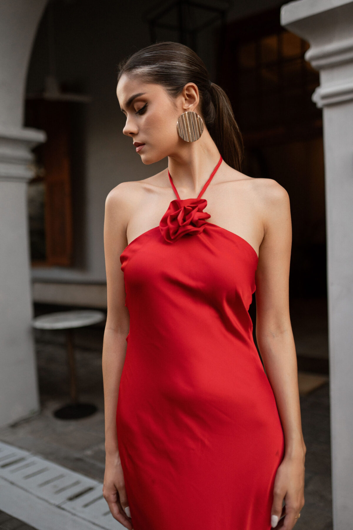 RED HALTER NECK FLOWER SATIN FLOWY DRESS - Image 3