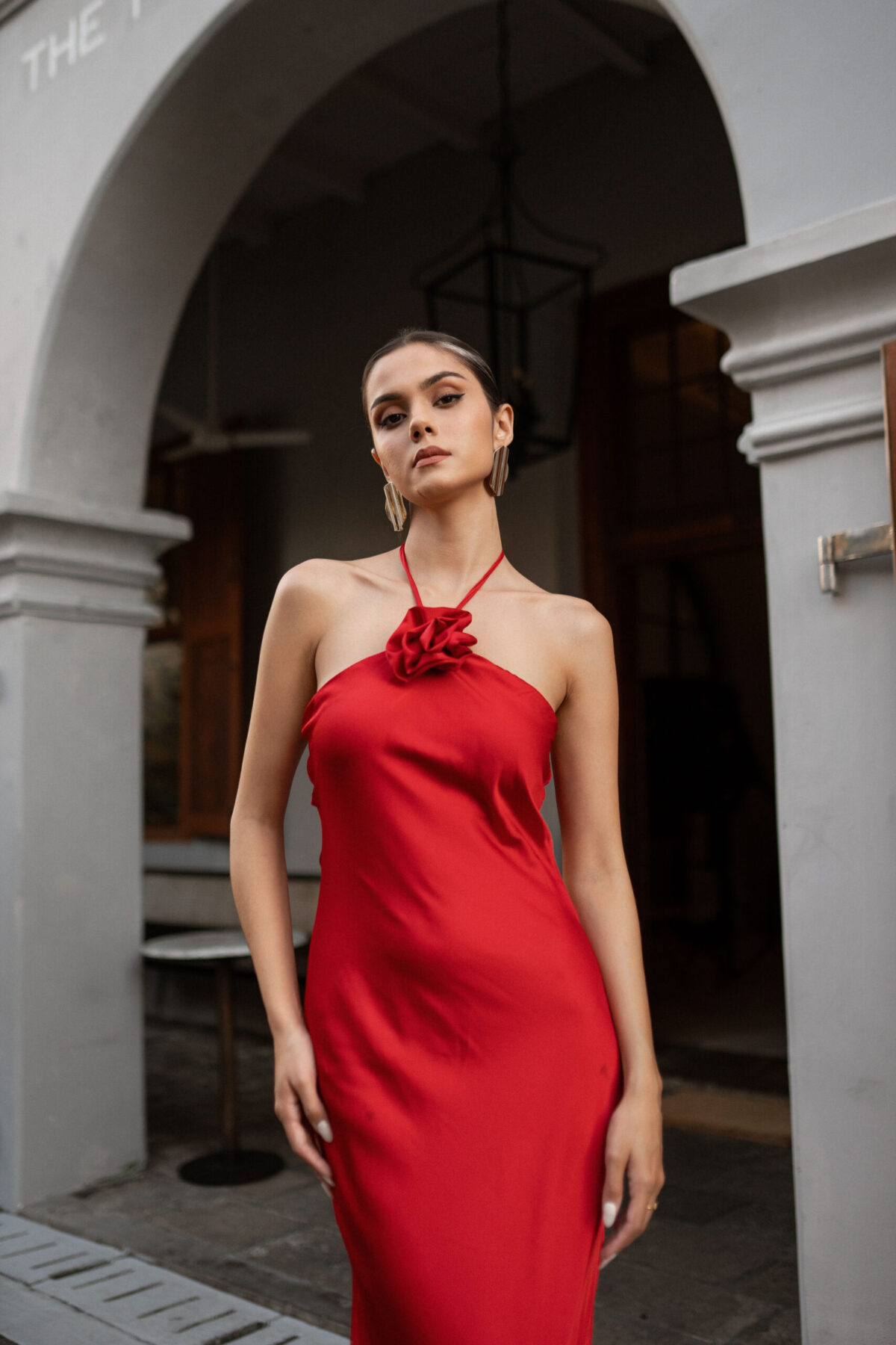 RED HALTER NECK FLOWER SATIN FLOWY DRESS