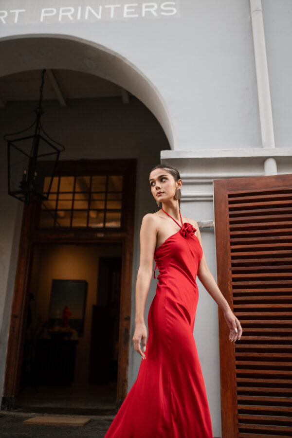 RED HALTER NECK FLOWER SATIN FLOWY DRESS - Image 4