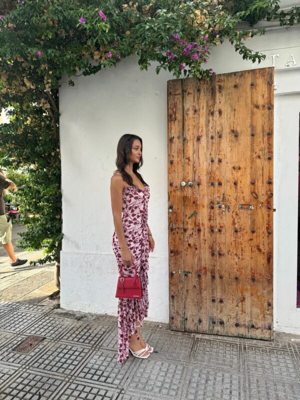 RED PRINTED FRILL ELEGANT CHRISTMAS GOWN - Image 2