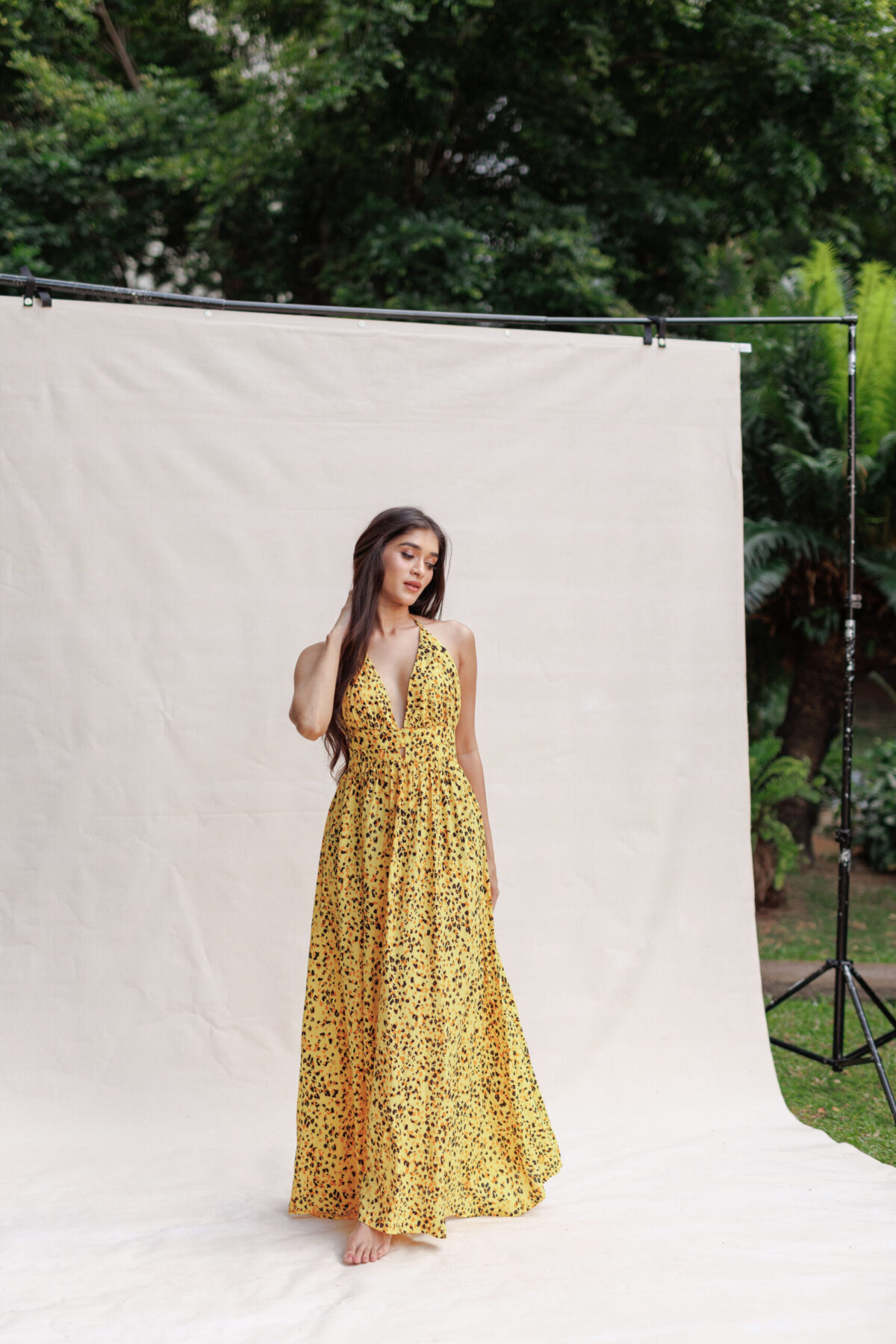 Leopard printed yellow maxi dress