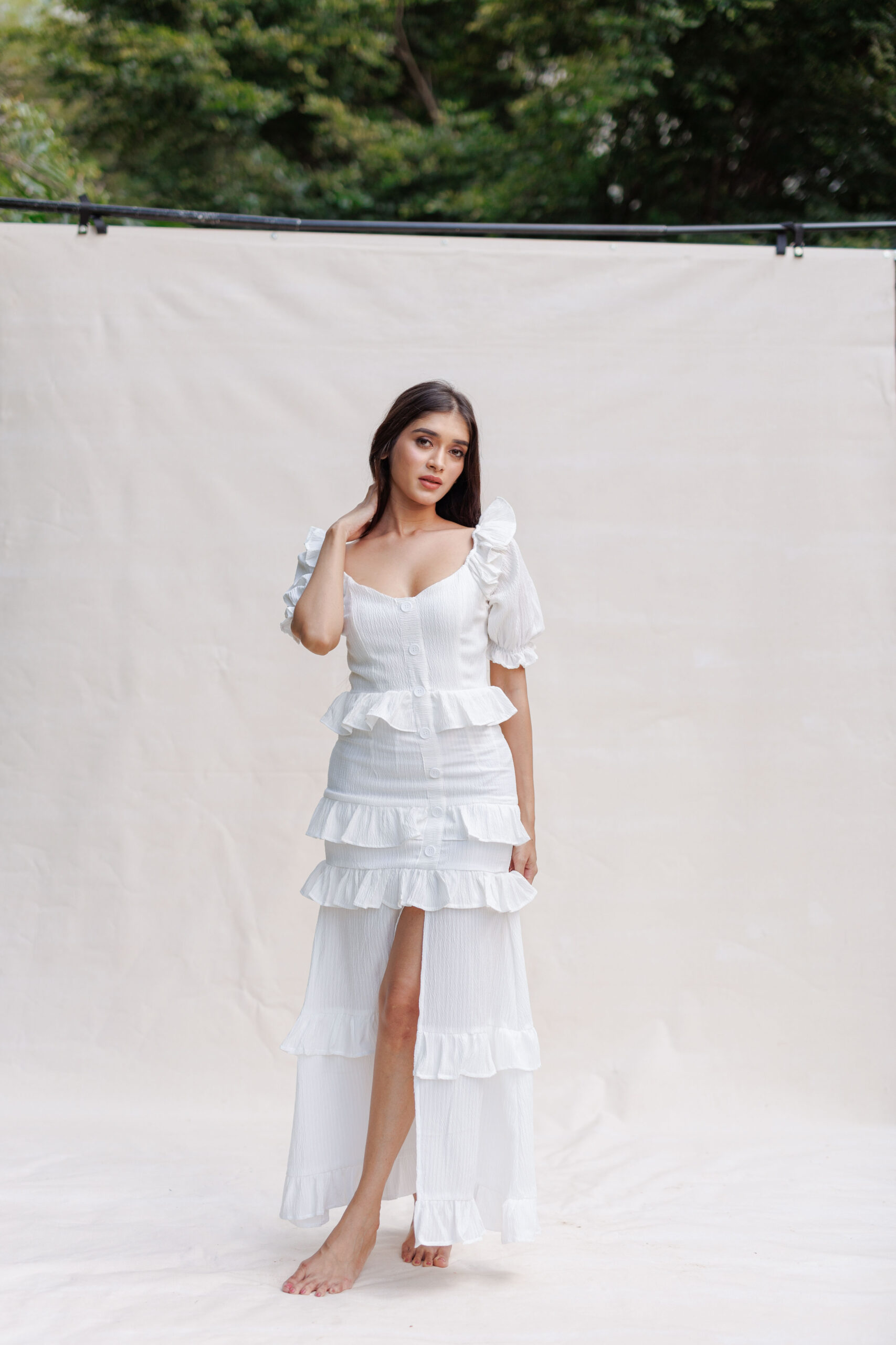 Ruffle Front Slit Back Smoked Dress
