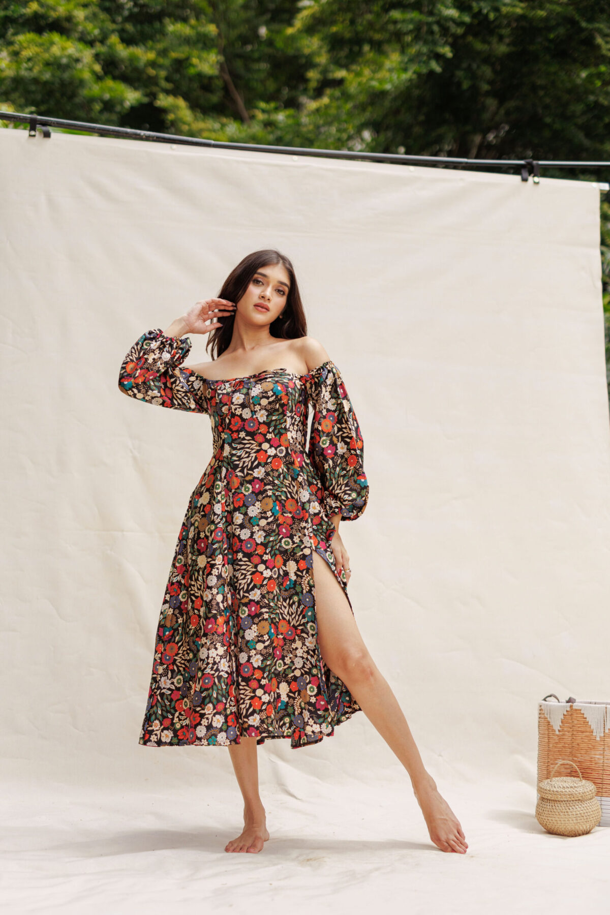 Black Floral Printed Long sleeve Front Slit Dress