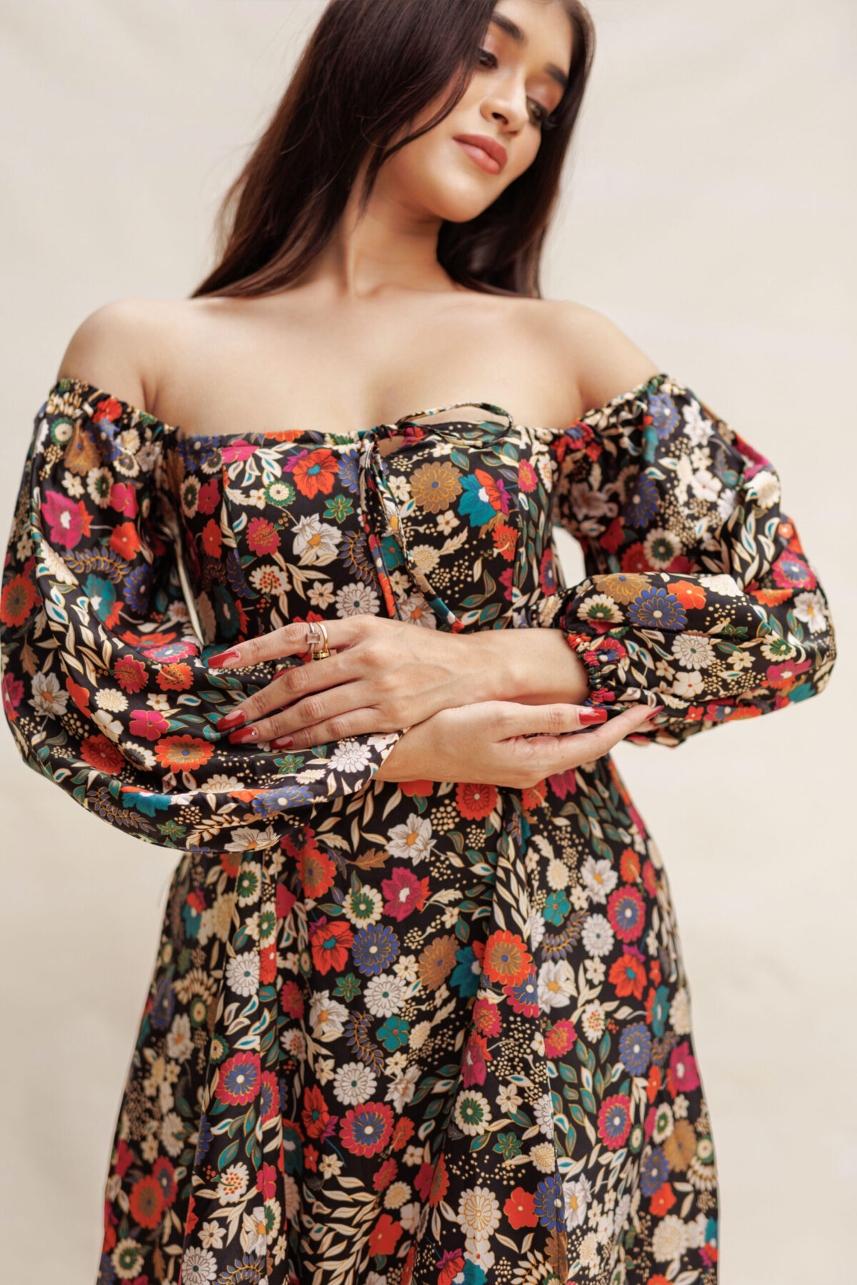 Black Floral Printed Long sleeve Front Slit Dress - Image 2