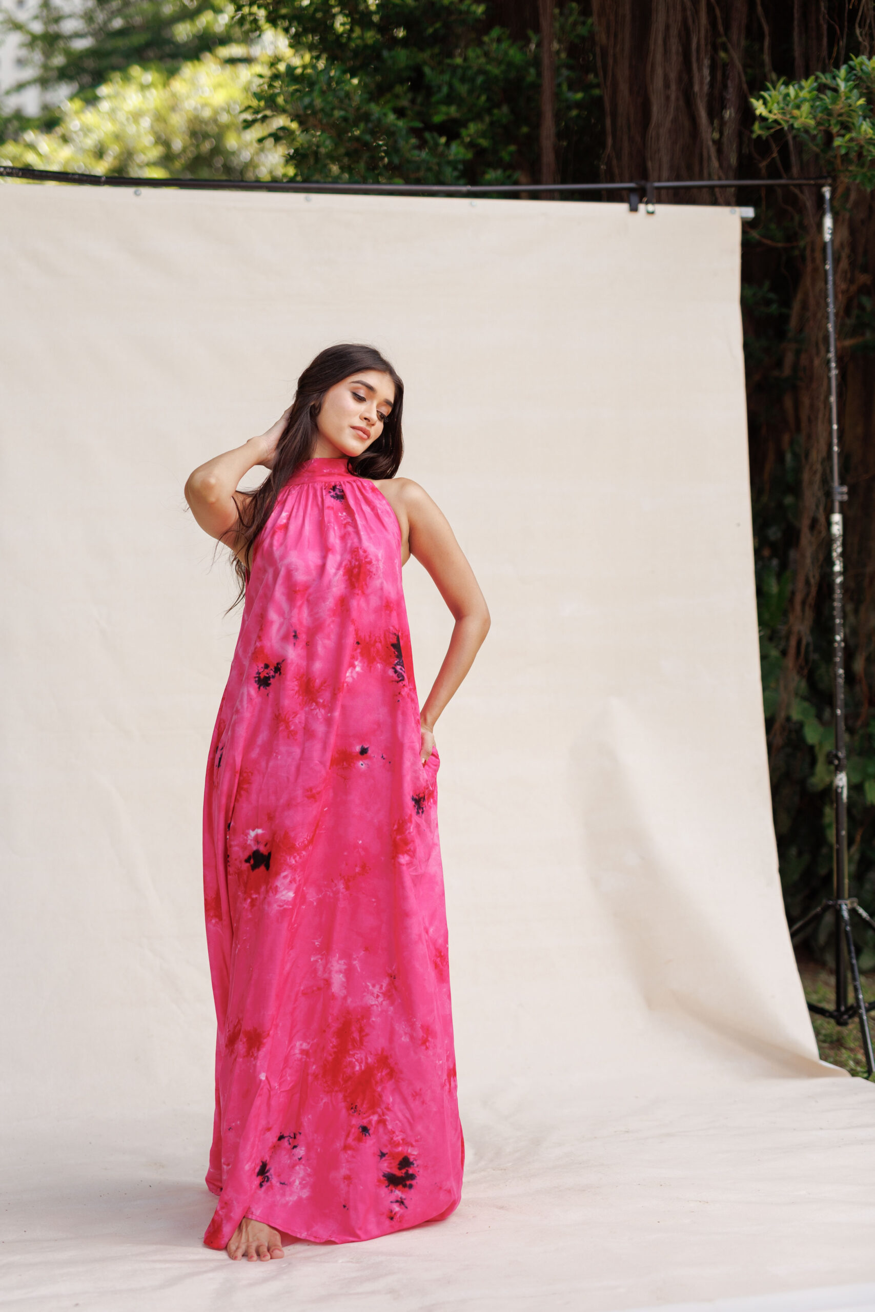 High tie knot pink printed batik maxi dress