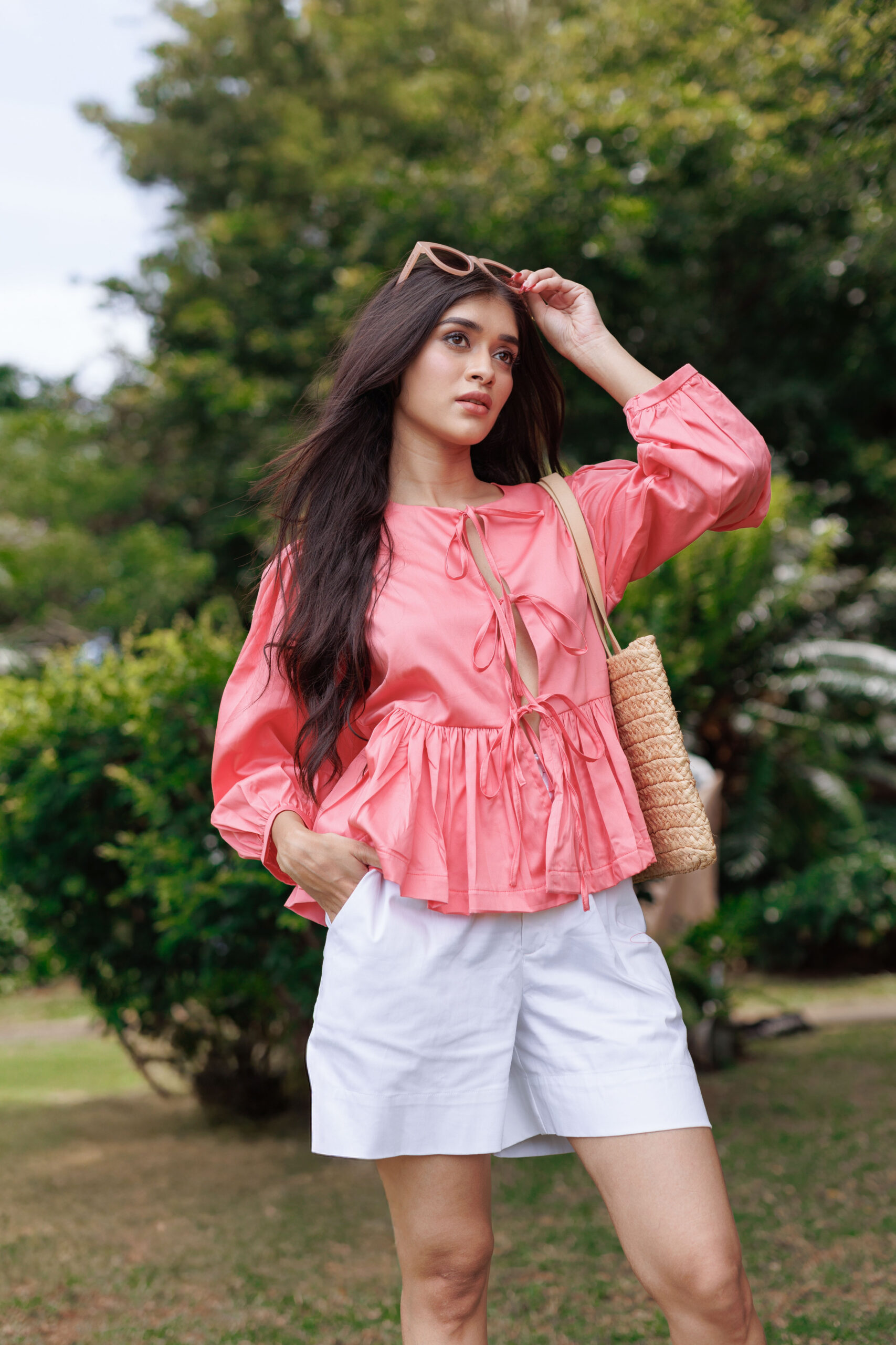 Peach Bow Puff Sleeve Cute Top