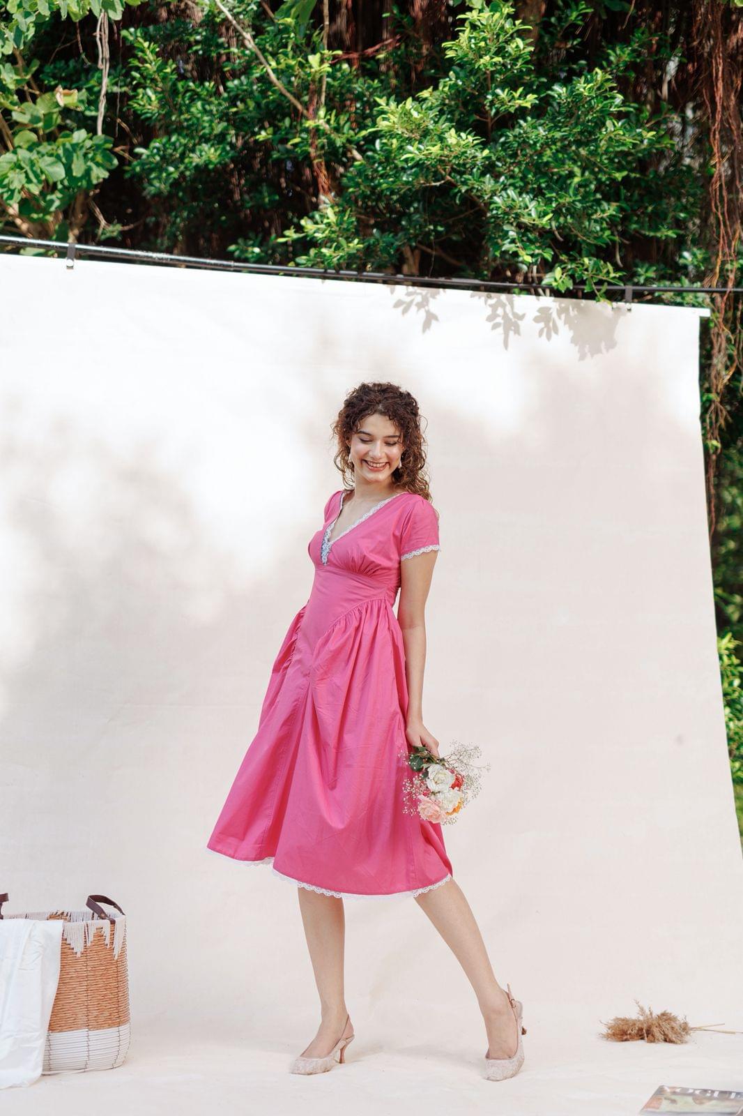 Rosalie Lace-Trim Midi Dress – Fuchsia Bloom
