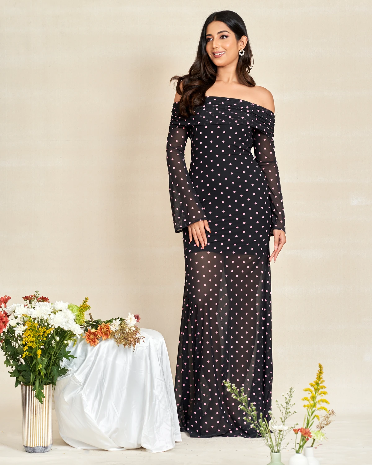 Long Sleeves Classix Pink Polka Dot Off Shoulder Dress